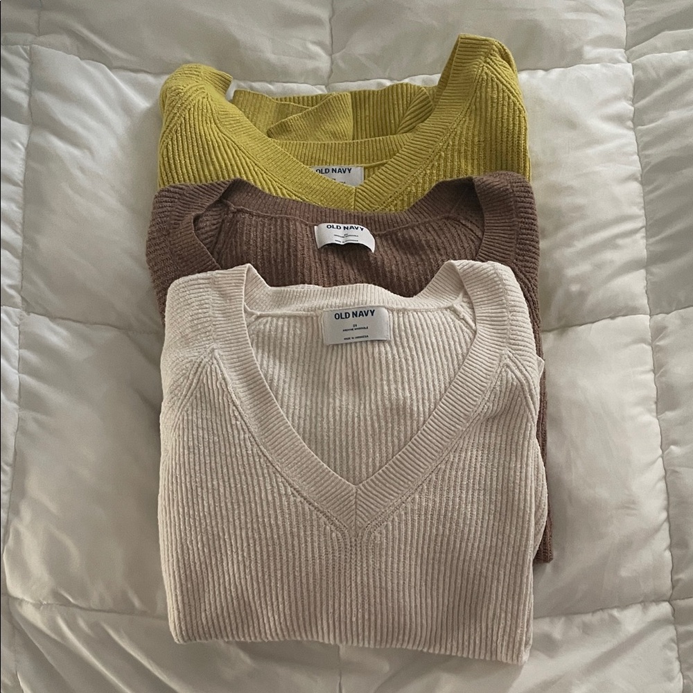 Old Navy Women's V-Neck Sweater Trio Bundle- Cream, Brown, Yellow - Size 2X